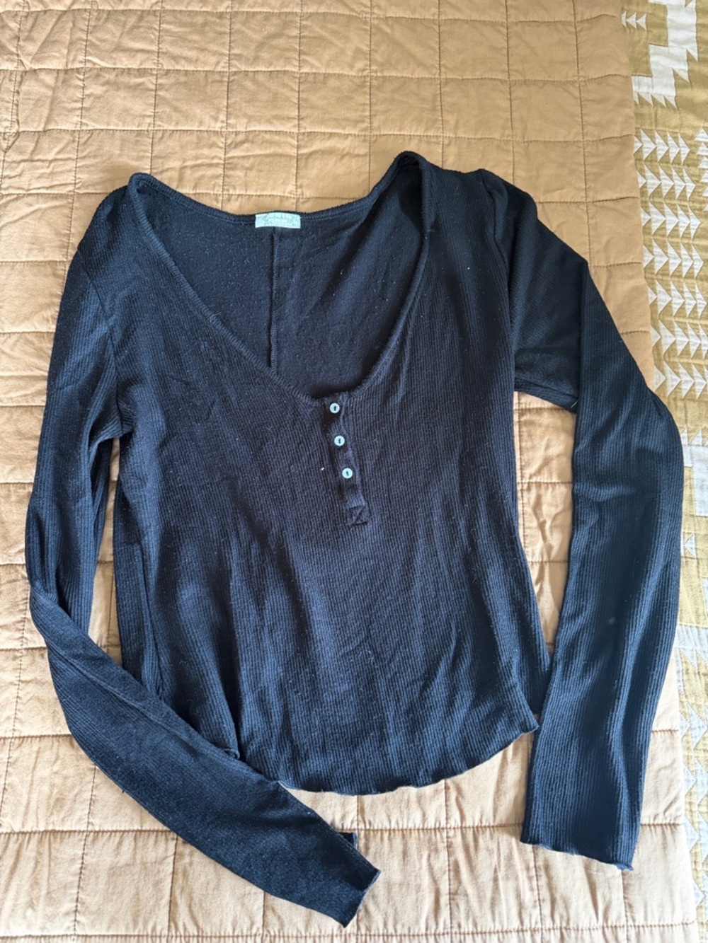 Free People Black Long-Sleeve Henley Thermal Top
